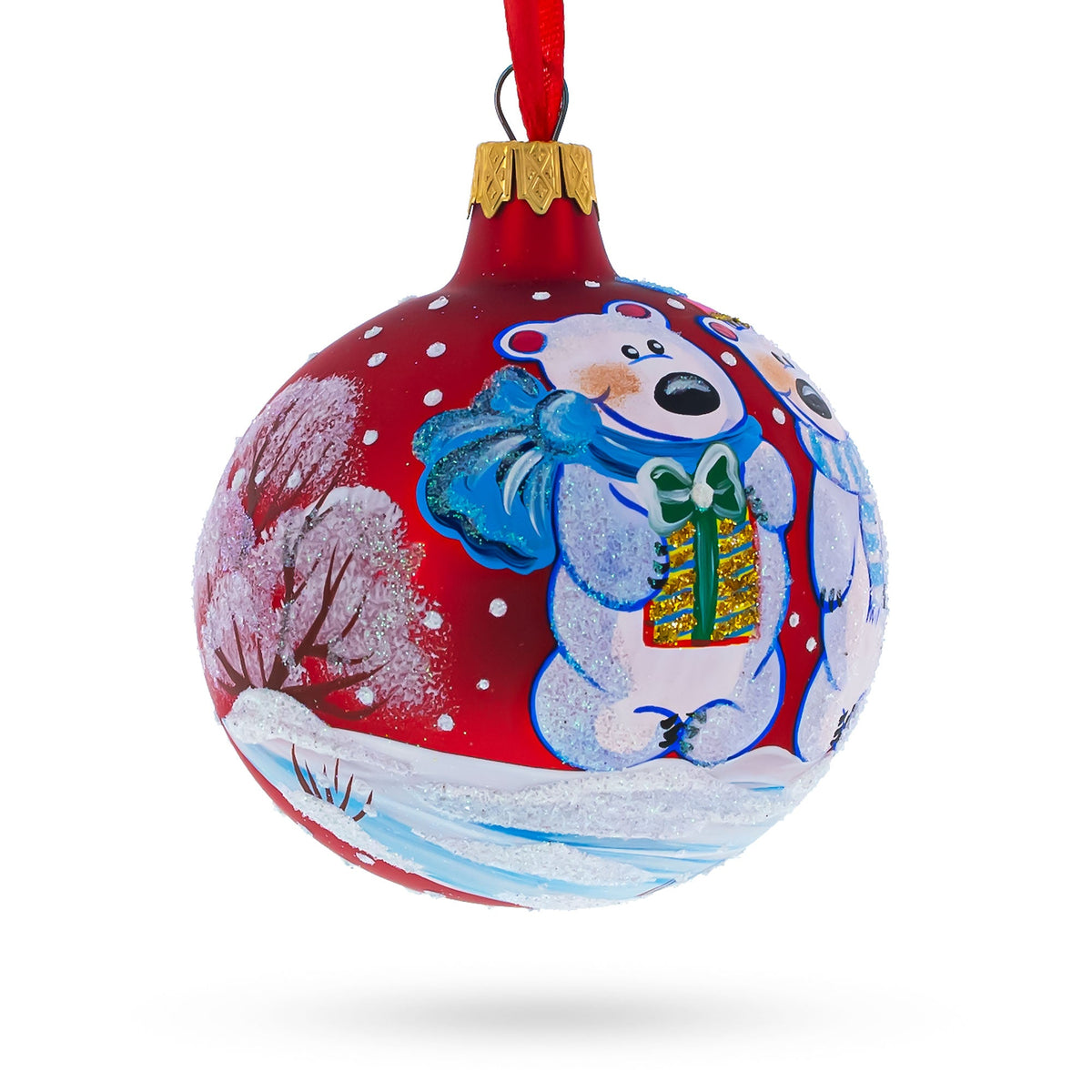 Three Polar Bears Glass Ball Christmas Ornament 3.25 Inches