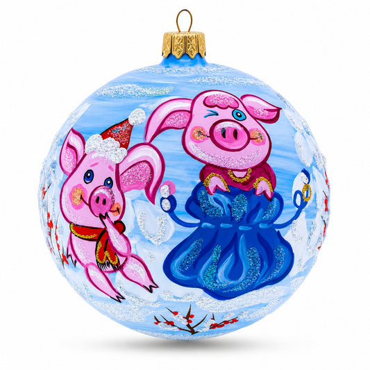 Two Pigs with Gifts Glass Ball Christmas Ornament 4 Inches
