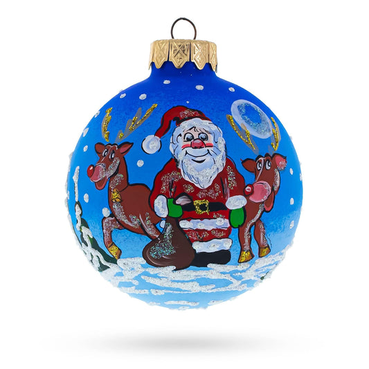 Santa and Reindeer Festive Glass Ball Christmas Ornament 3.25 Inches