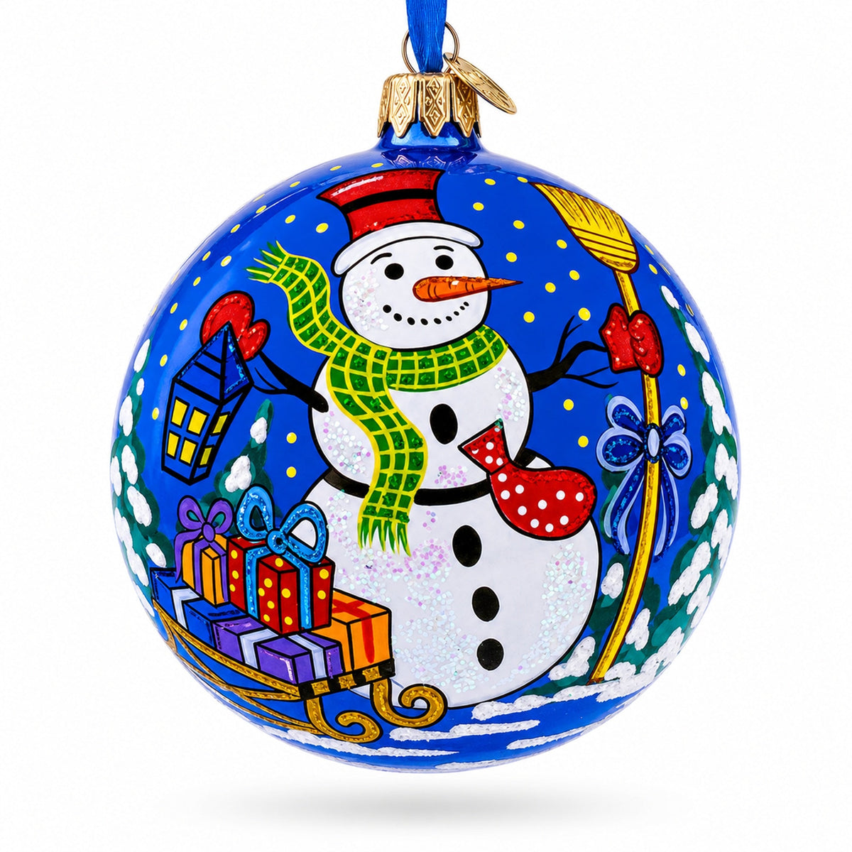Festive Snowman with Gifts Glass Ball Christmas Ornament 4 Inches