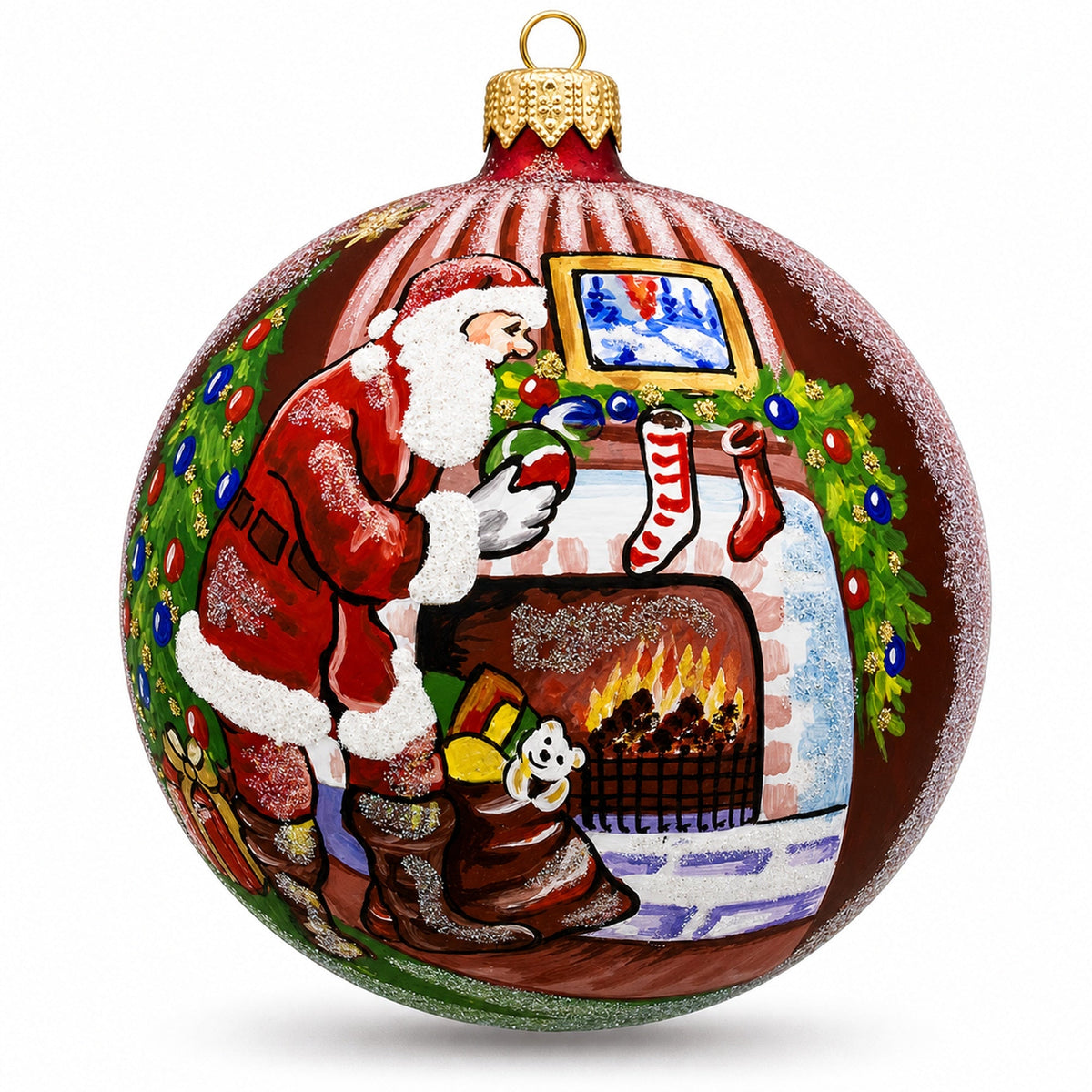 Santa Filling Stockings by a Cozy Fireplace Glass Ball Christmas Ornament 4 Inches