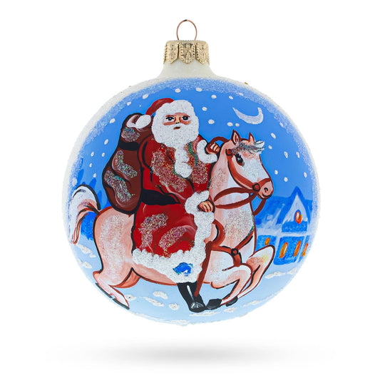 Santa Riding Horse Laden with Gifts Glass Ball Christmas Ornament3.25 Inches
