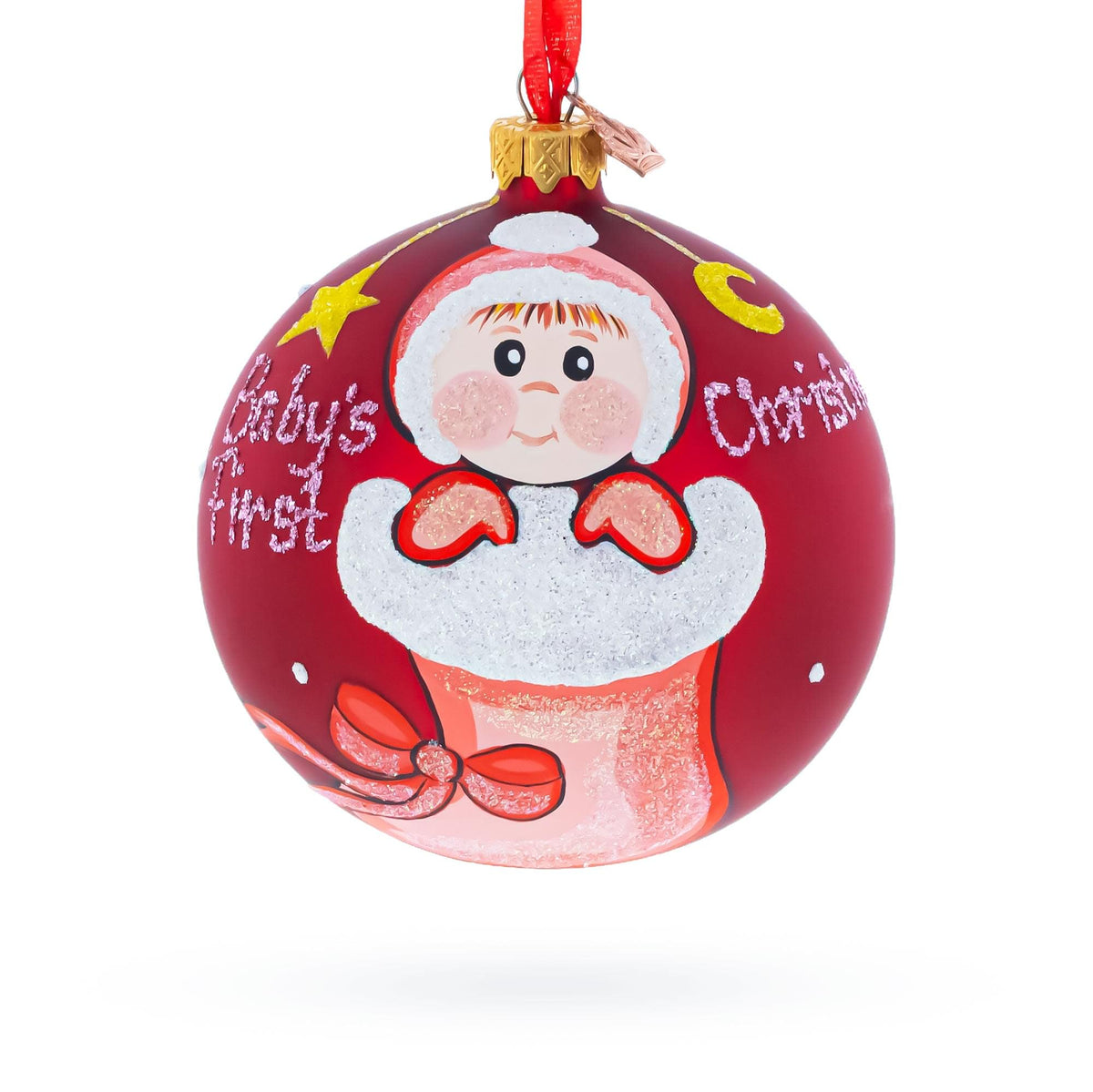 Girl in Stocking Glass Ball Baby's First Christmas Ornament 4 Inches