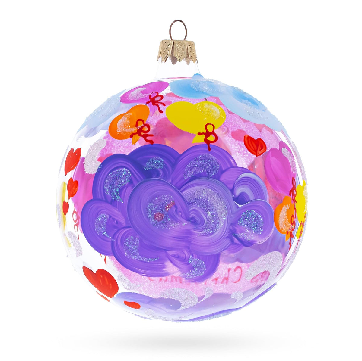 Sleeping Baby Girl on Clouds Pink Ball with Hearts Glass Ball Christmas Ornament 4 Inches