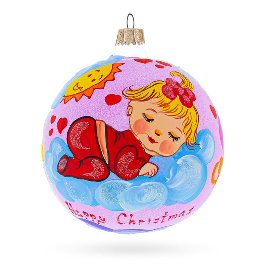 Sleeping Baby Girl on Clouds Pink Ball with Hearts Glass Ball Christmas Ornament 4 Inches