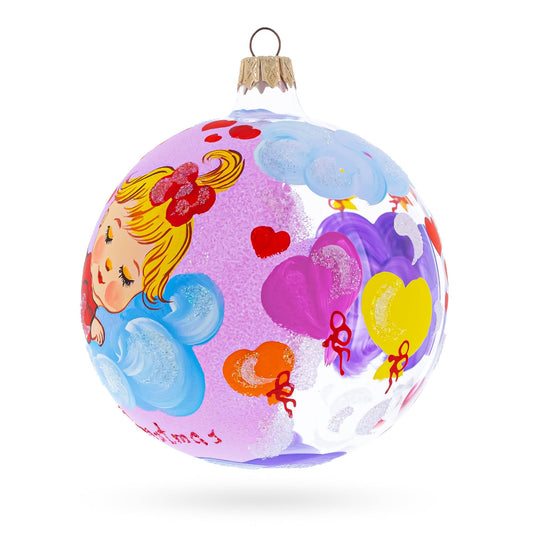 Sleeping Baby Girl on Clouds Pink Ball with Hearts Glass Ball Christmas Ornament 4 Inches
