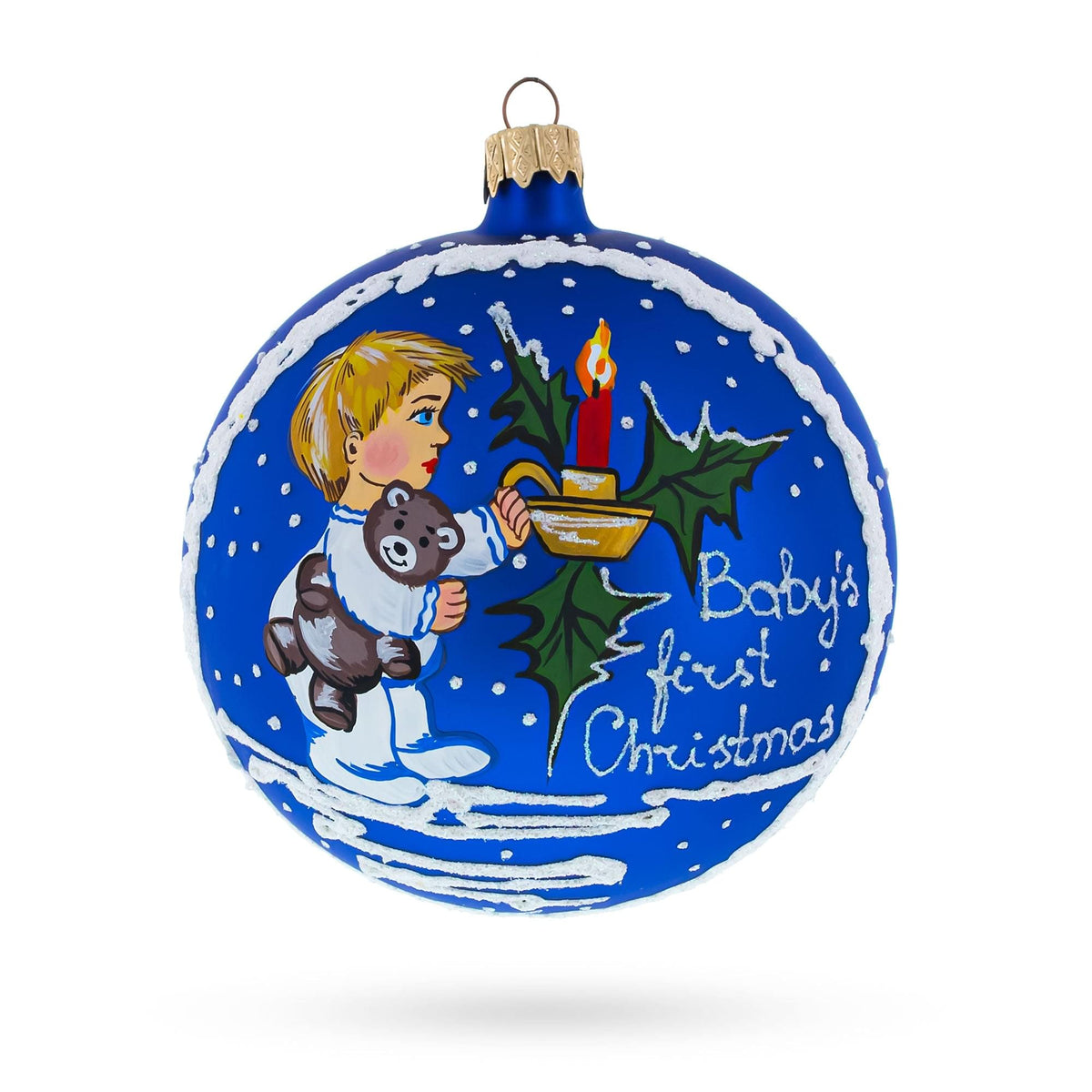 a blue christmas ornament with a picture of a boy holding a teddy bear