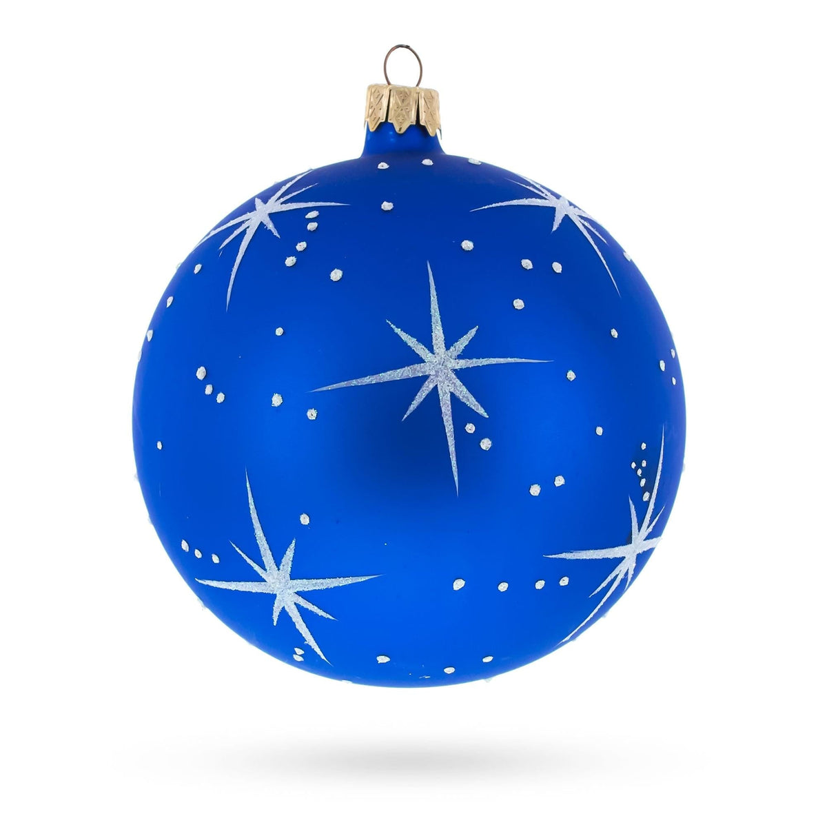 a blue christmas ornament with white stars