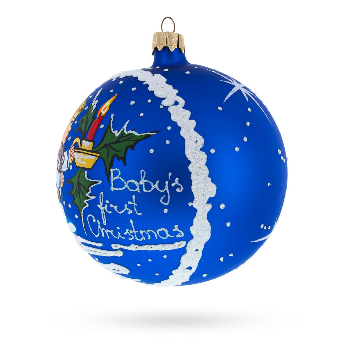 a blue christmas ornament with white text