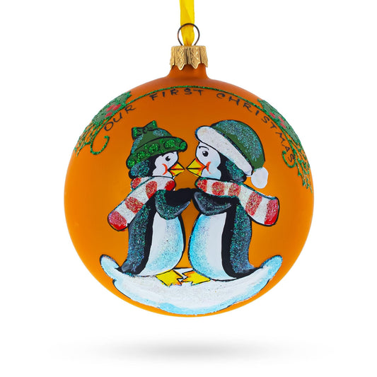 Our First Christmas Penguin Couple Glass Ball Ornament 4 Inches