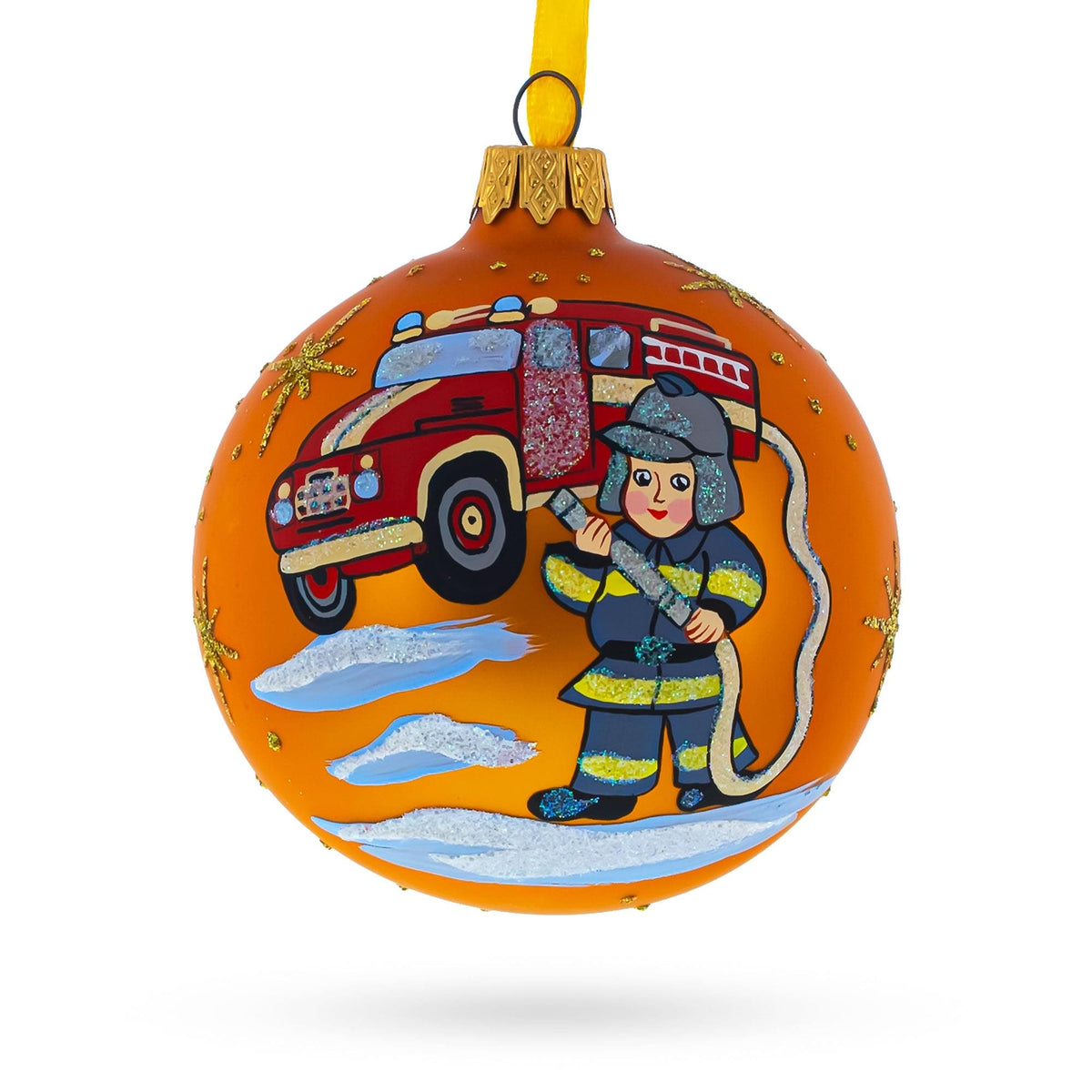 a orange ball with a fireman and a fire truck painted on it