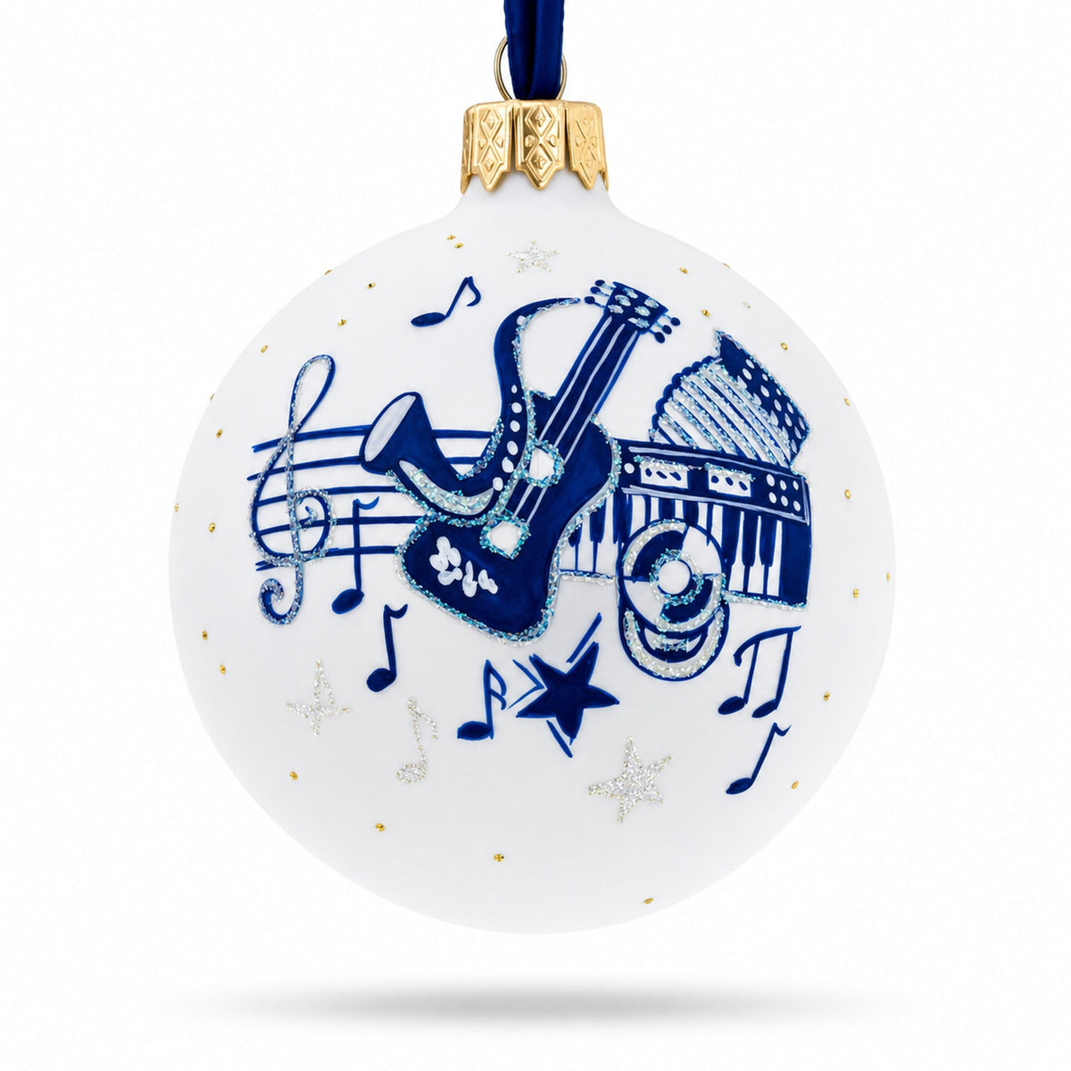Saxophone, Guitar, Piano Glass Ball Christmas Music Ornament 4 Inches