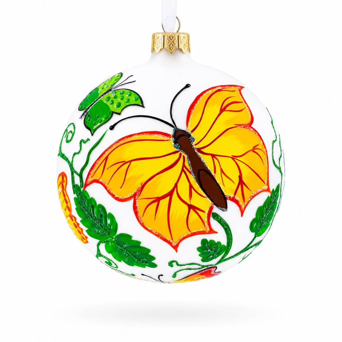 Delicate Butterflies on Glass Ball Christmas Ornament 4 Inches