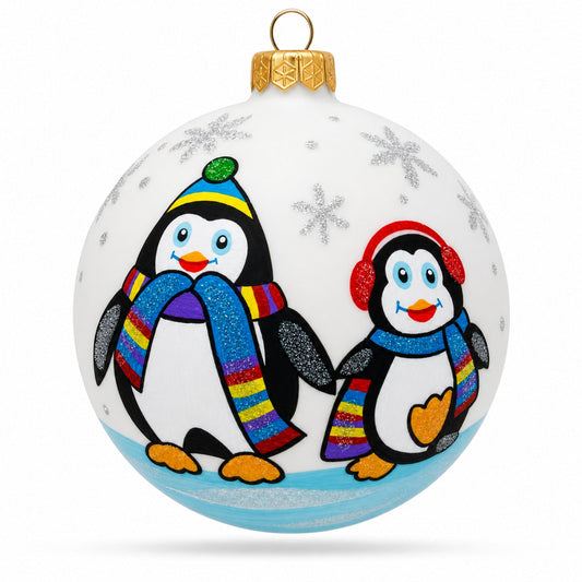 Two Penguins Glass Ball Christmas Ornament 4 Inches