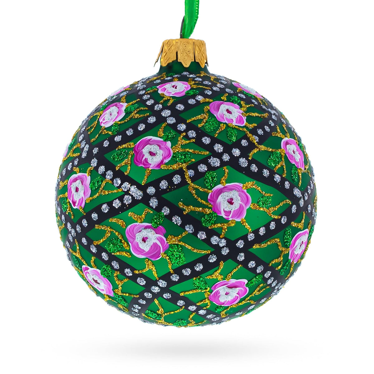 1907 Rose Trellis Royal Green Glass Ball Christmas Ornament 3.25 Inches