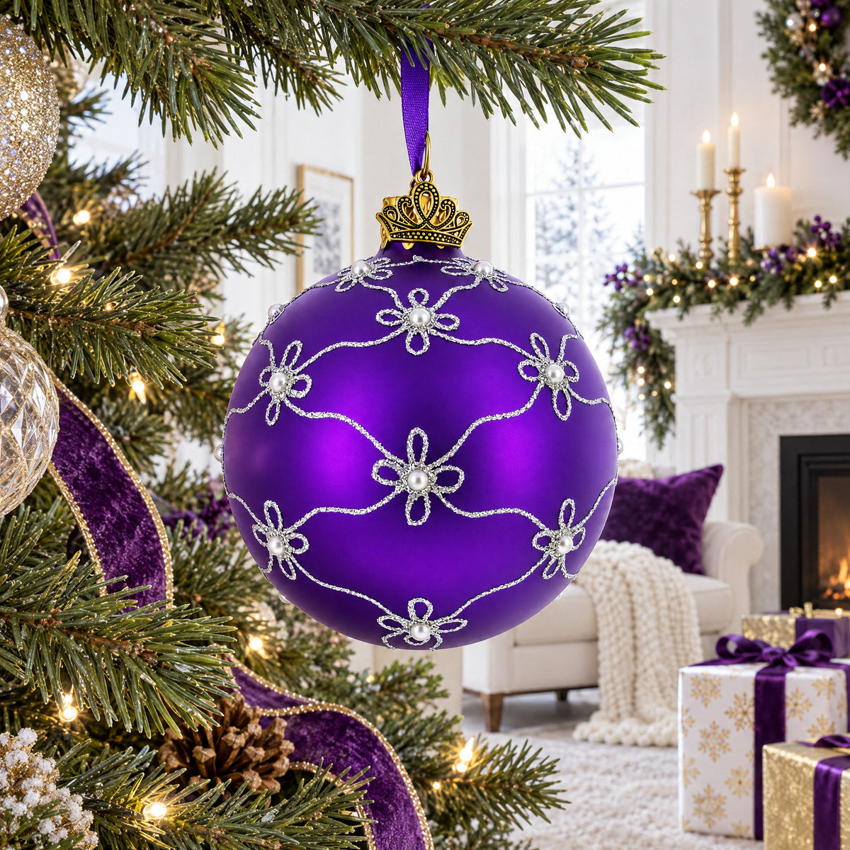 1906 Royal Swan Purple Glass Ball Christmas Ornament 3.25 Inches