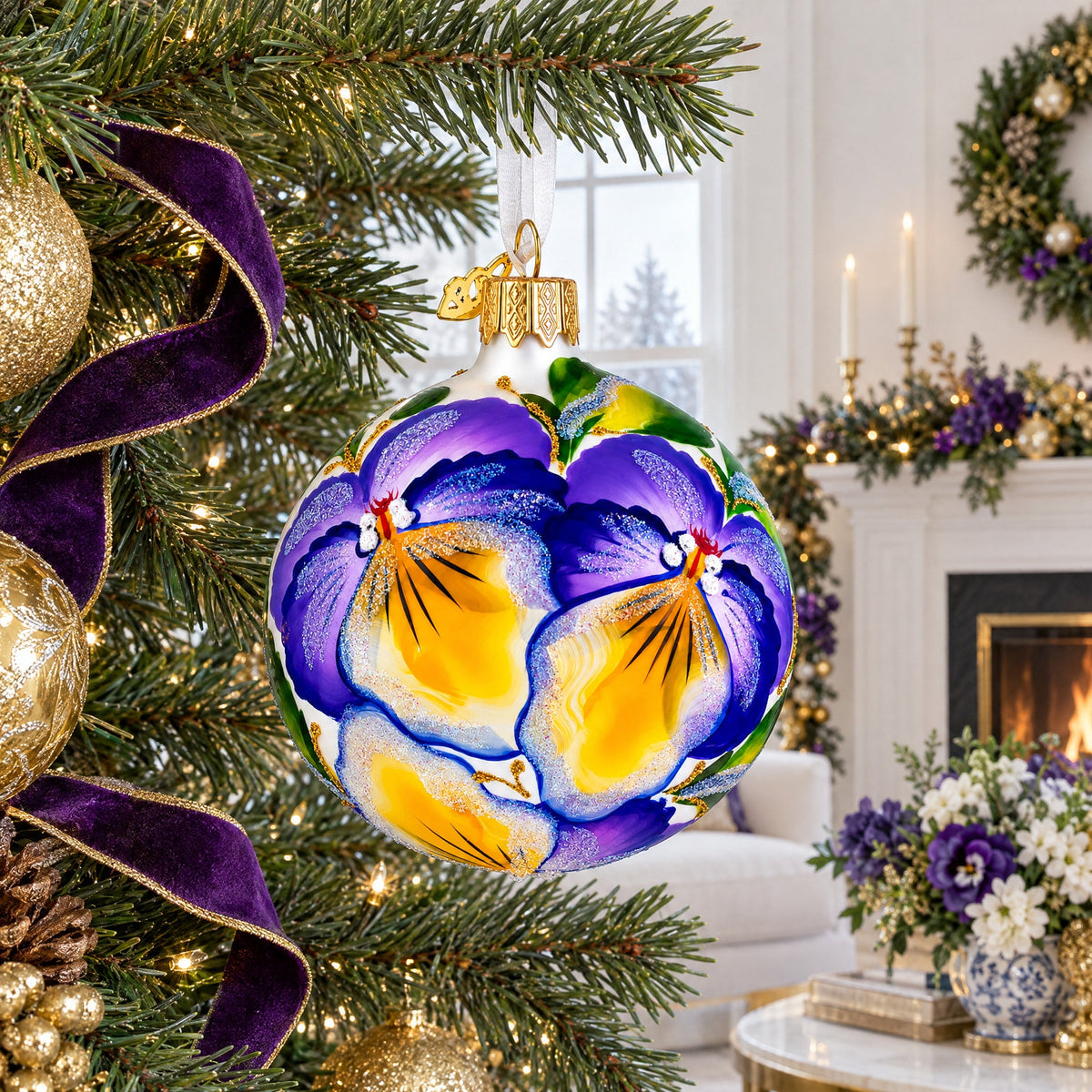 Purple Pansy Flowers Glass Christmas Ornament 3.25 Inches