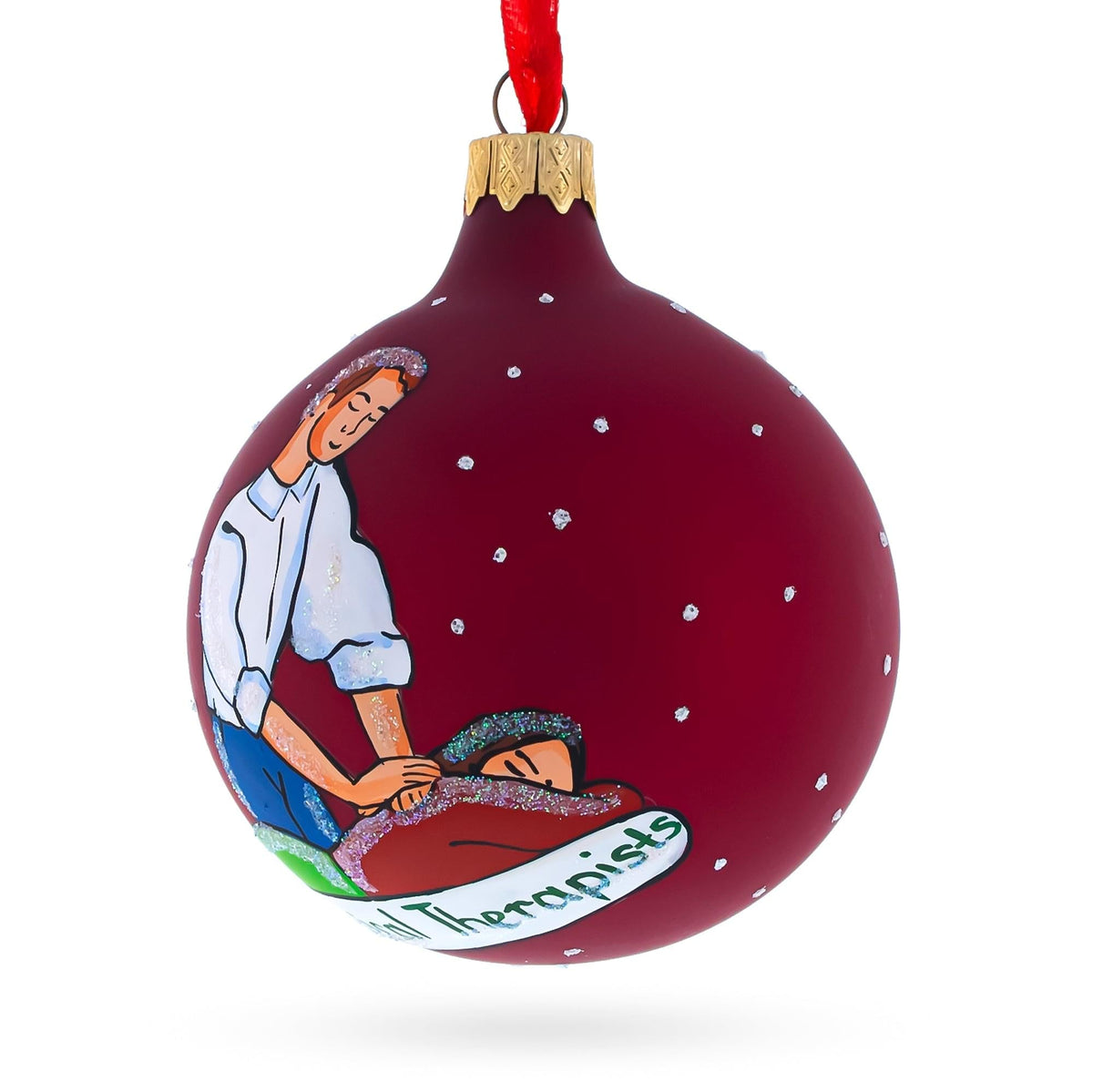 a red ornament with a picture of a man and a woman