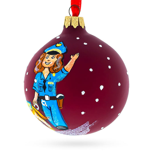 K-9 Police Officer with Dog Glass Ball Christmas Ornament 3.25 Inches
