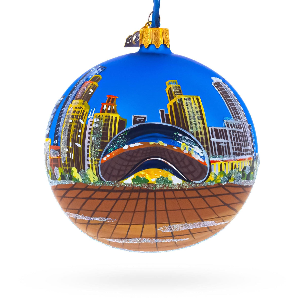 a blue ball with a picture of a city