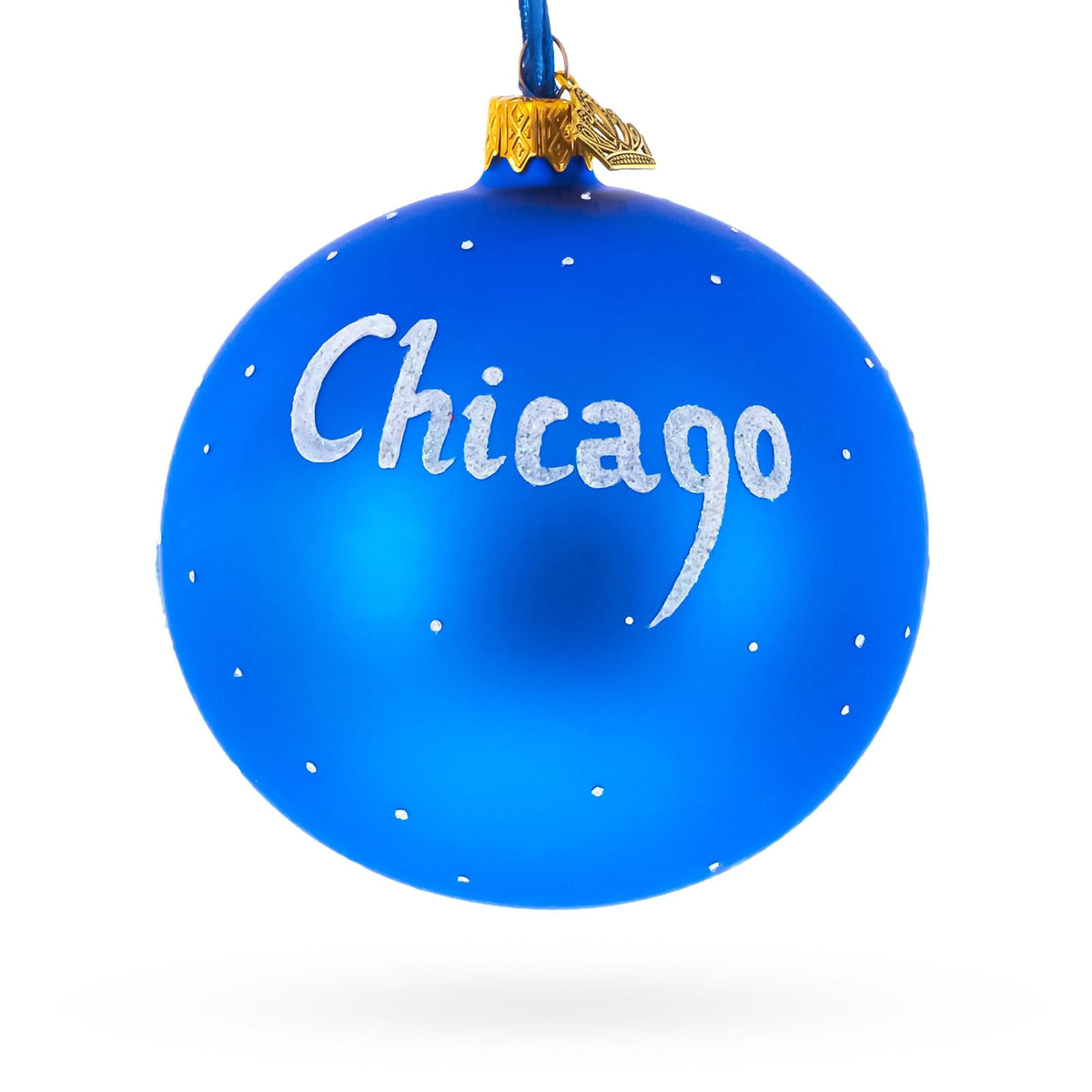 a blue ball with white text on it