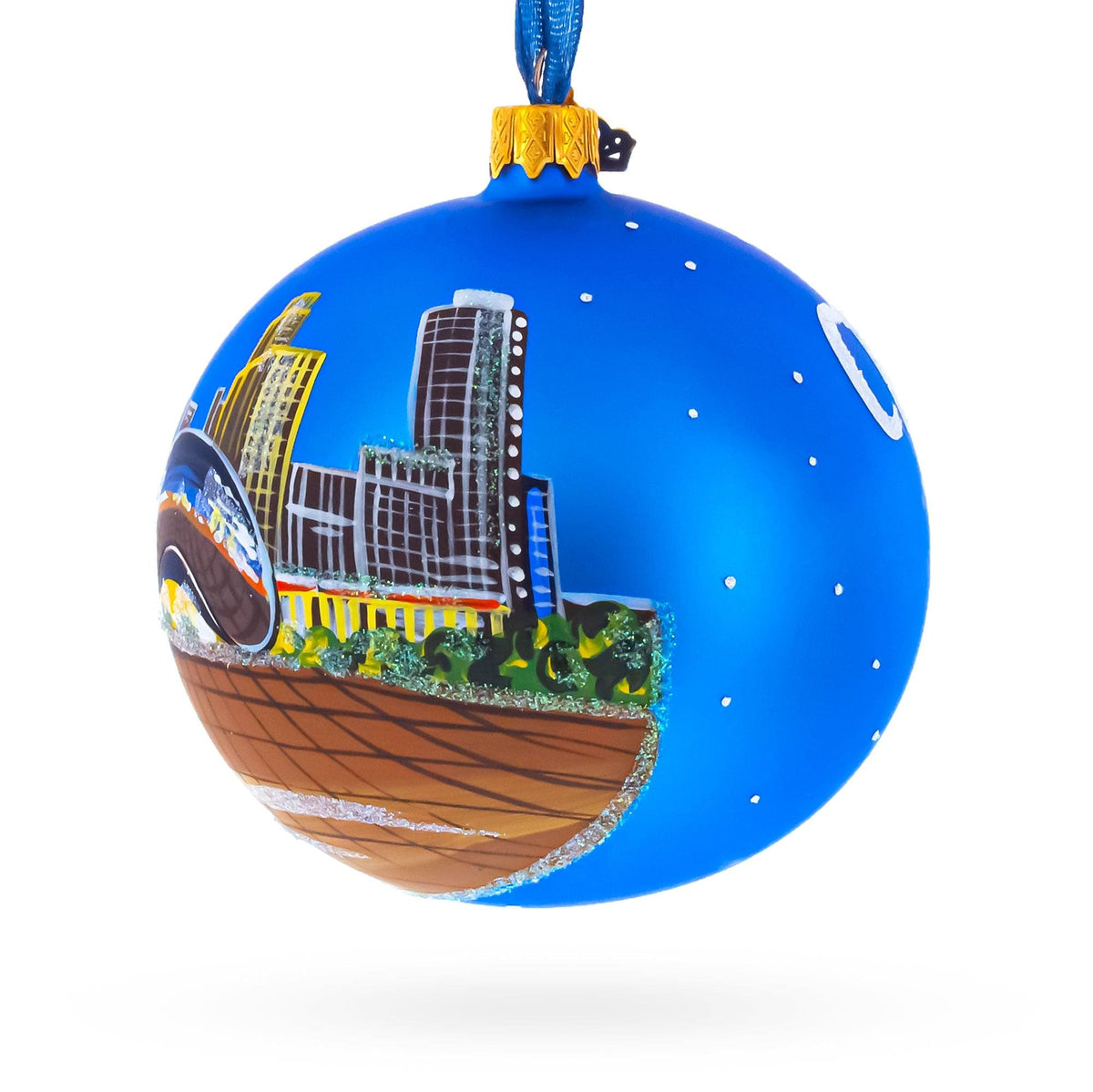 a blue ball with a city painted on it