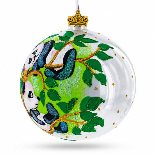 Panda Bears on Tree Branch Glass Ball Christmas Ornament 4 Inches