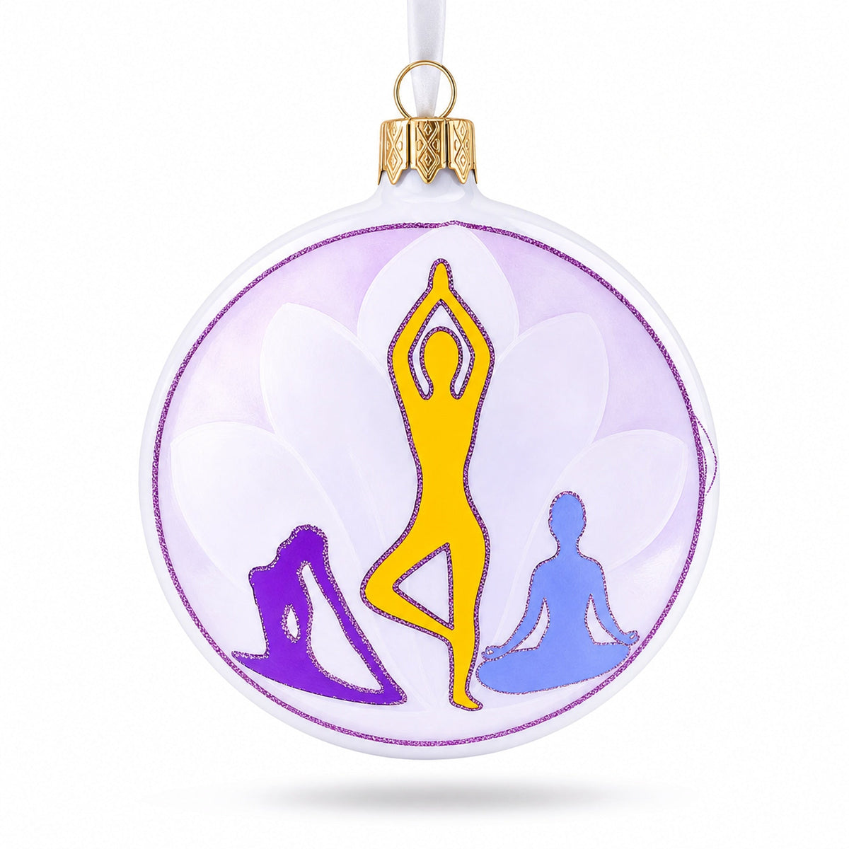 a white and purple ornament with a yellow and purple design