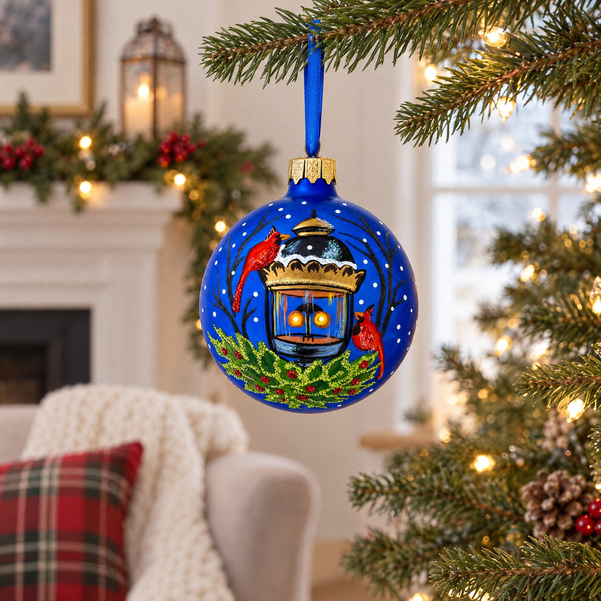 Red Cardinals by Lantern Glass Ball Christmas Ornament 3.25 Inches