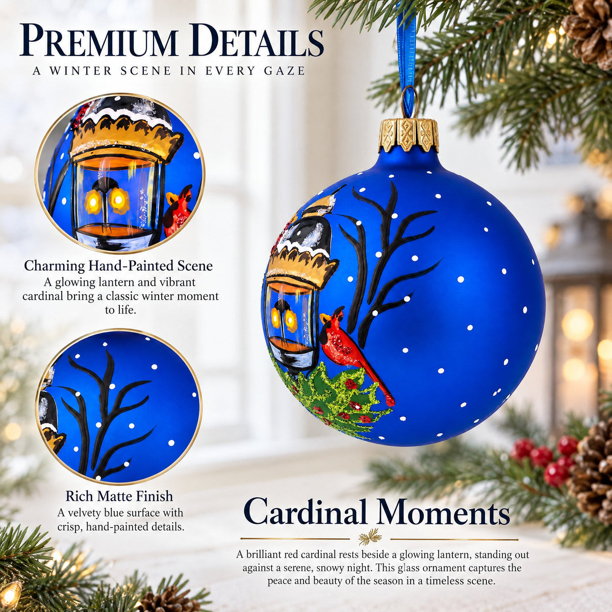 Red Cardinals by Lantern Glass Ball Christmas Ornament 3.25 Inches