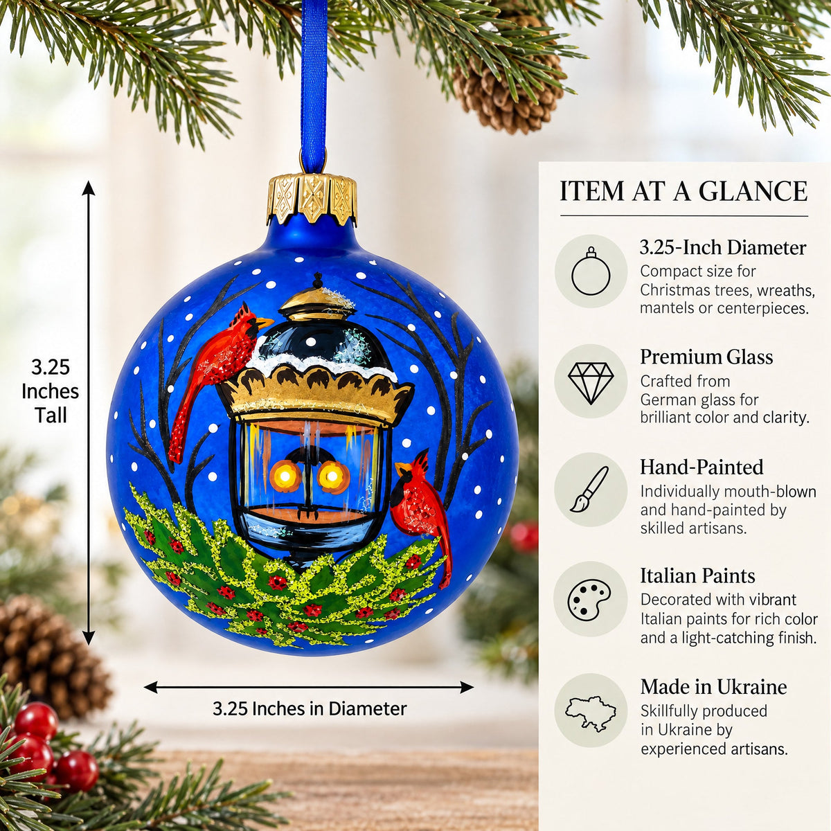 Red Cardinals by Lantern Glass Ball Christmas Ornament 3.25 Inches