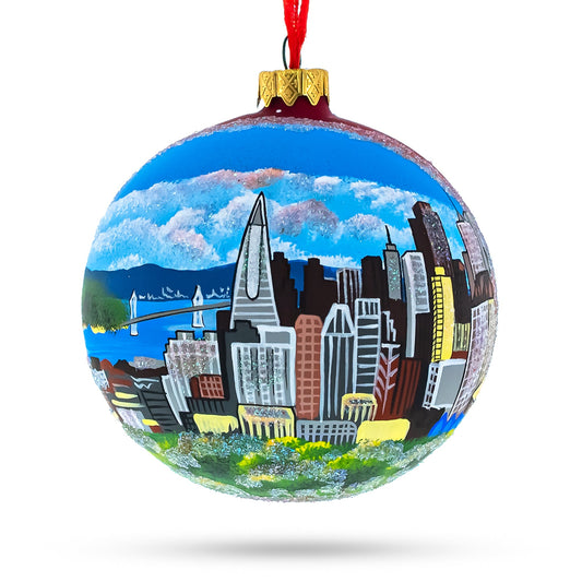 a colorful ornament with a city painted on it