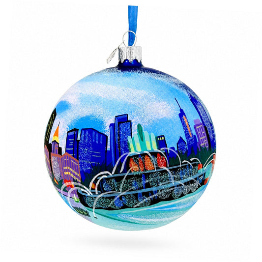 a blue ball with a city painting on it