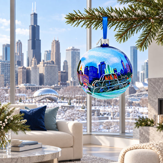 a christmas tree with a blue ball from it