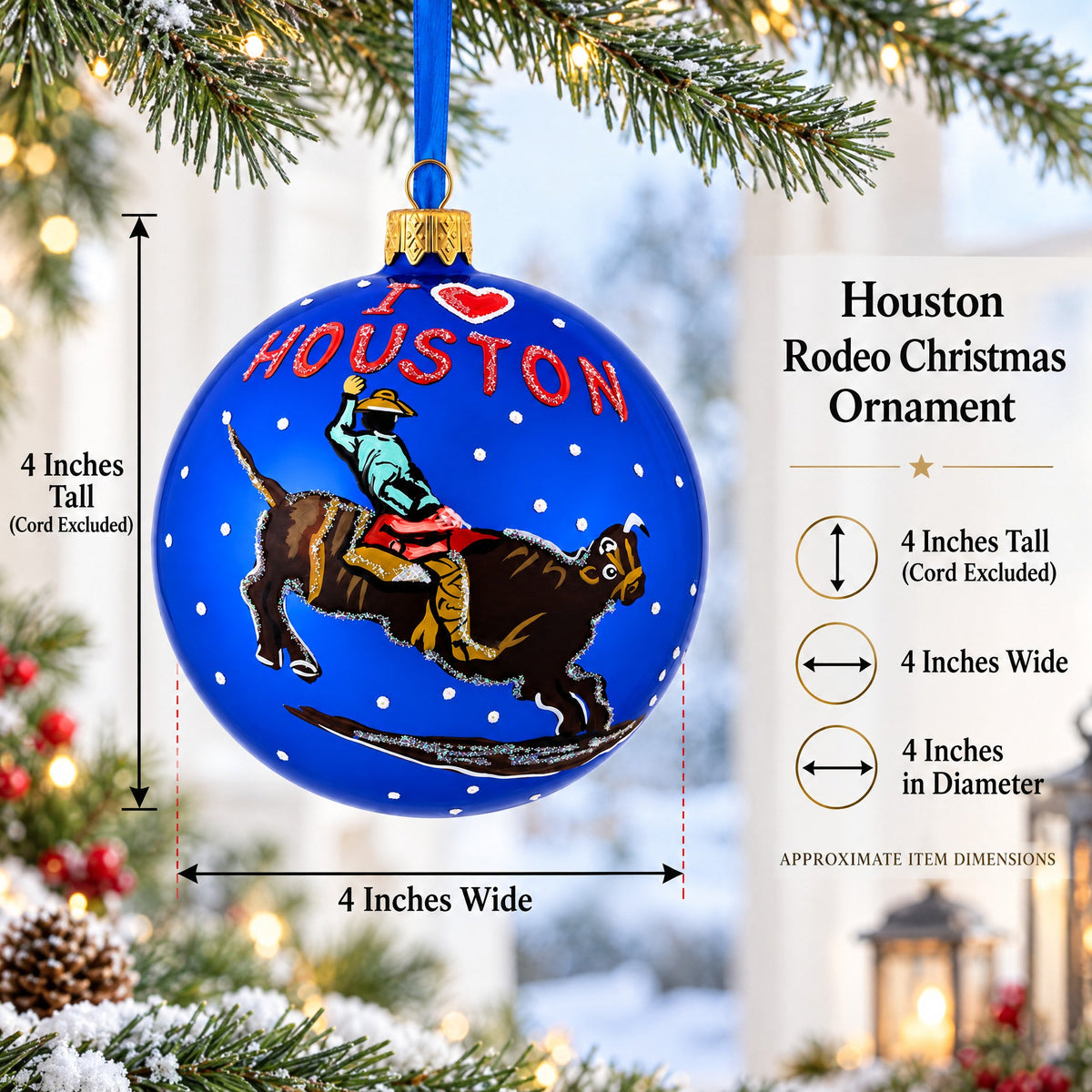 I Love Houston, Texas Glass Ball Christmas Ornament 4 Inches