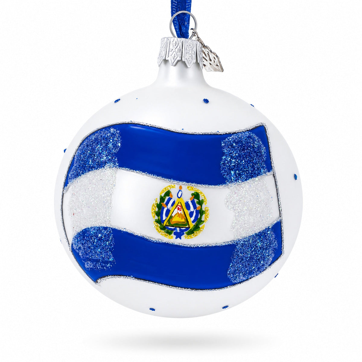 a blue and white striped christmas ornament