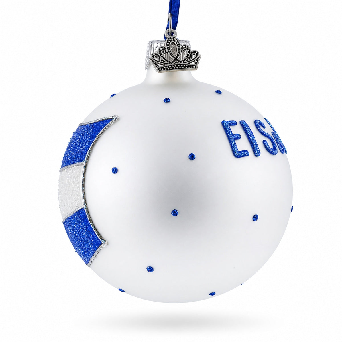 a white and blue christmas ornament