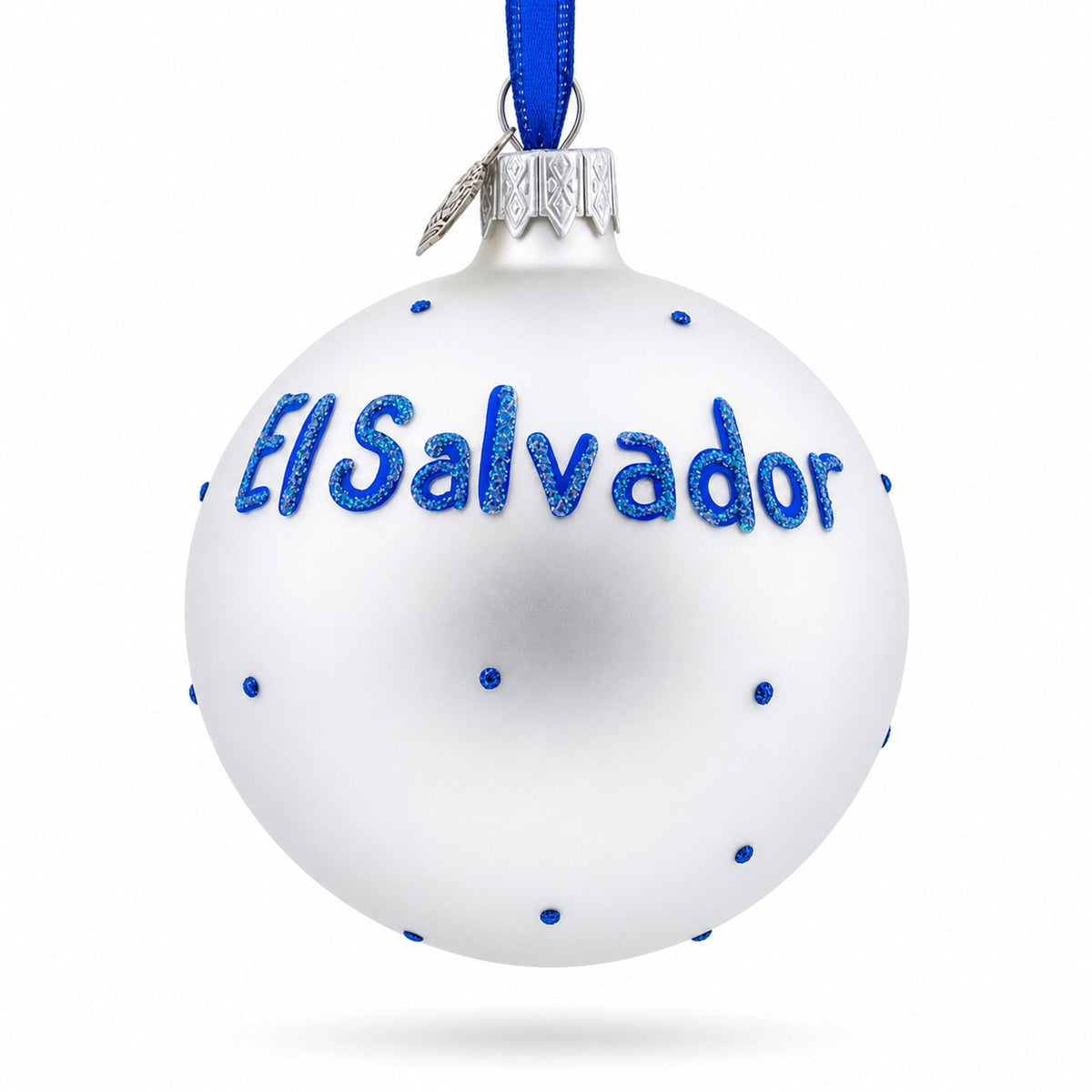 a white and blue ornament with blue text