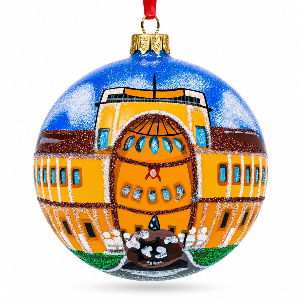 a colorful ball with a painted building on it