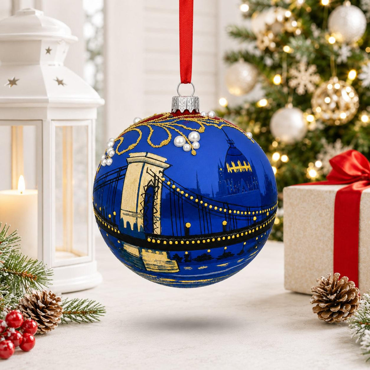 The Szechenyi Chain Bridge, Budapest, Hungary Glass Ball Christmas Ornament 4 Inches