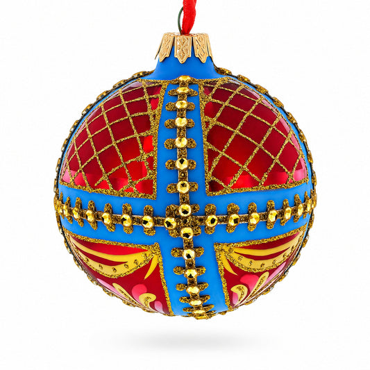 Trellis on Blue and Red Glass Ball Christmas Ornament 3.25 Inches