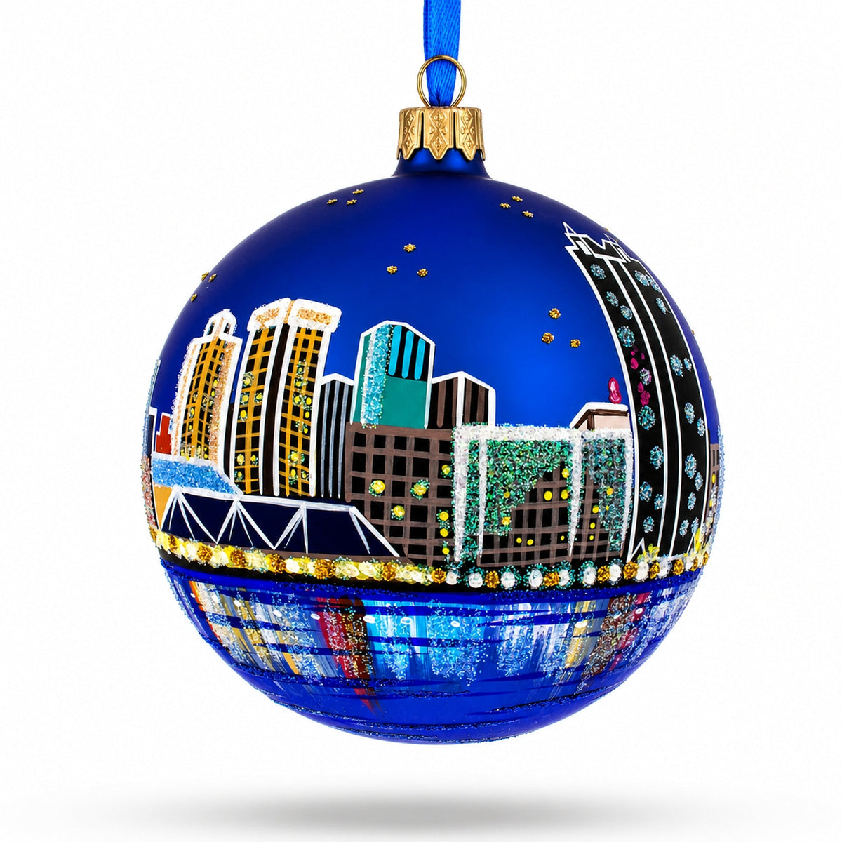 a blue ball with a city painted on it
