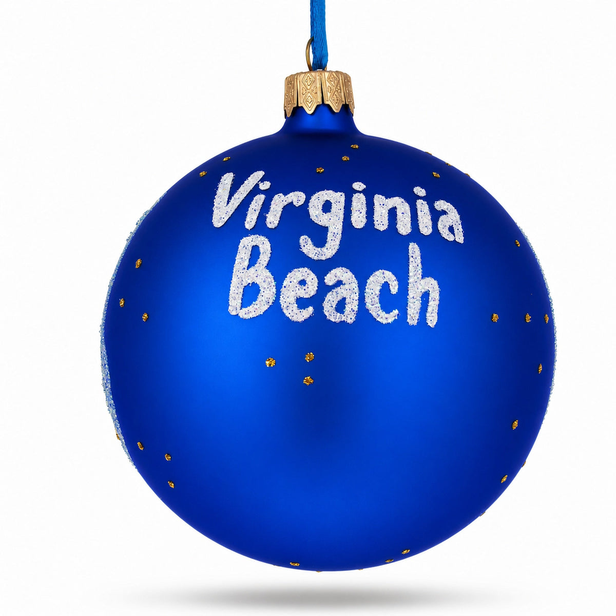 a blue christmas ornament with white text