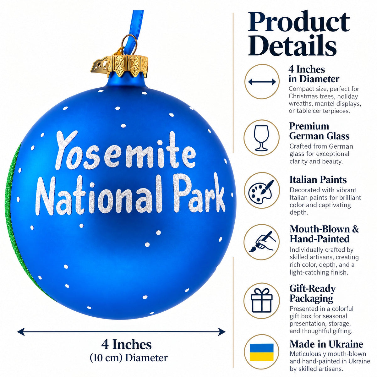 a blue christmas ornament with white text