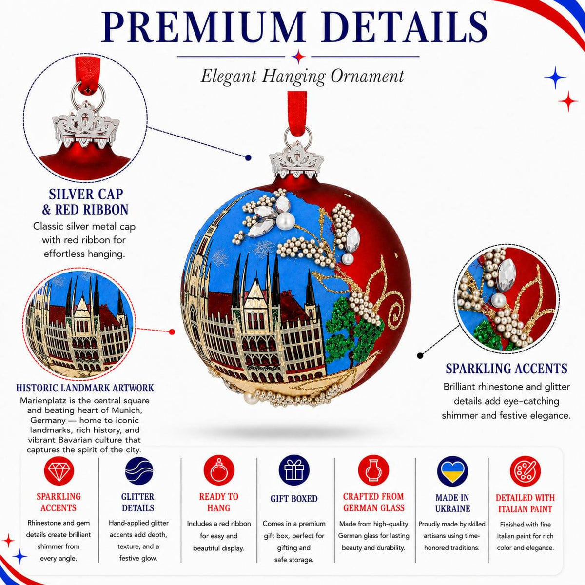 Marienplatz in Munich, Germany Glass Ball Christmas Ornament 3.25 Inches