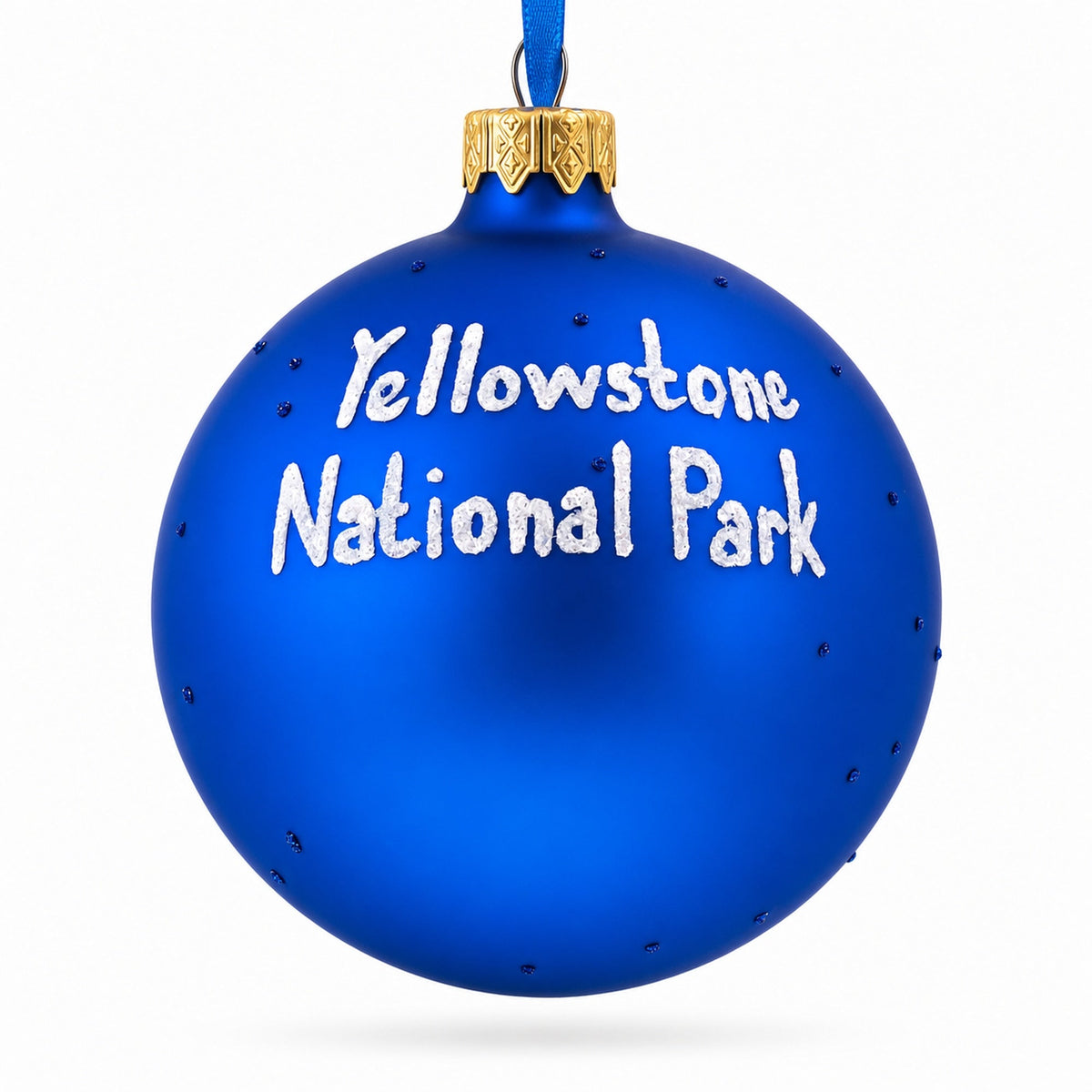 a blue ball with white text on it