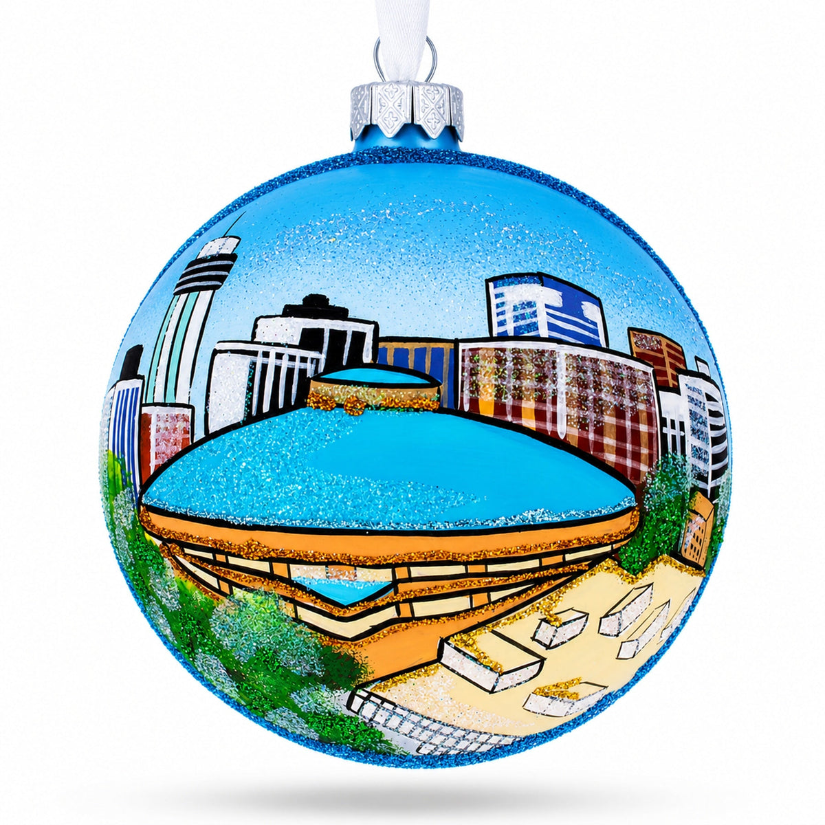 a blue ball with a picture of a city on it
