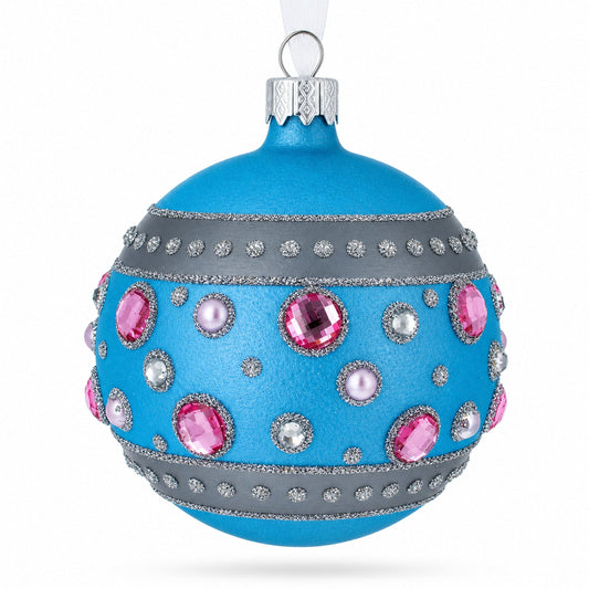 Sapphires and Diamonds Art Nouveau Design Glass Ball Christmas Ornament 3.25 Inches