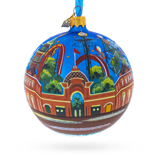 a blue ball with a painted building on it