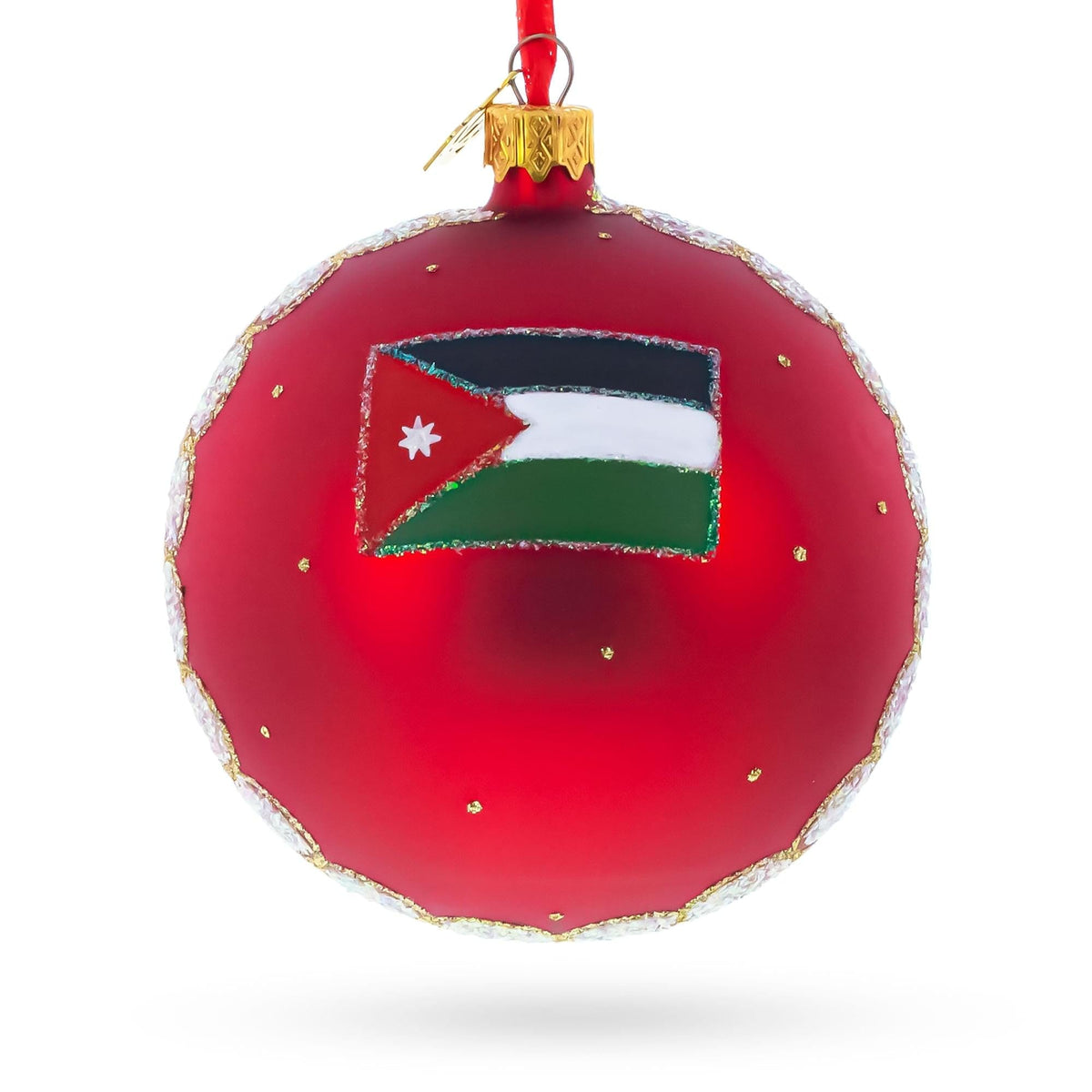 a red christmas ornament with a flag painted on it